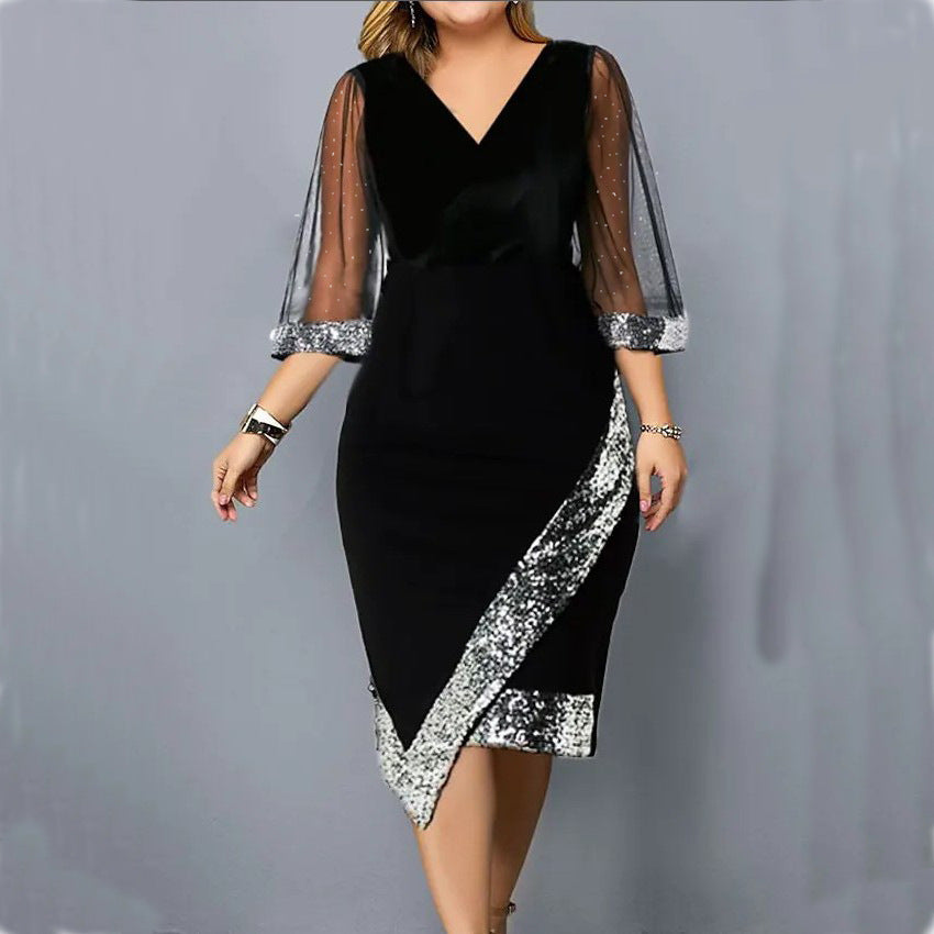Women's Velvet Sequin Midi Dress Sheer Mesh Sleeve Elegant Party Dress - Seldom Seen Styles