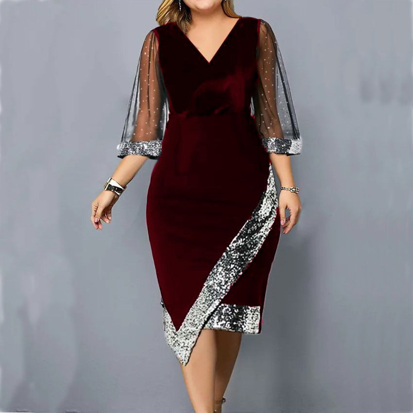 Women's Velvet Sequin Midi Dress Sheer Mesh Sleeve Elegant Party Dress - Seldom Seen Styles