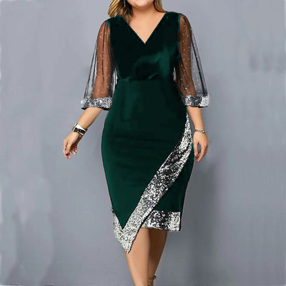 Women's Velvet Sequin Midi Dress Sheer Mesh Sleeve Elegant Party Dress