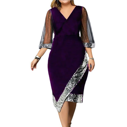 Women's Velvet Sequin Midi Dress Sheer Mesh Sleeve Elegant Party Dress