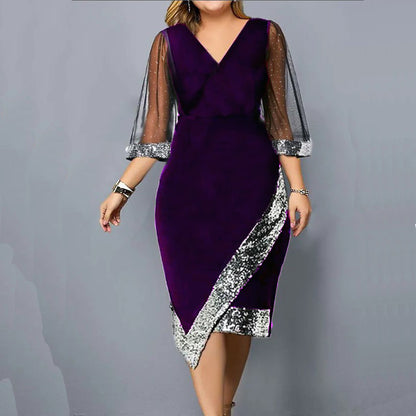 Women's Velvet Sequin Midi Dress Sheer Mesh Sleeve Elegant Party Dress