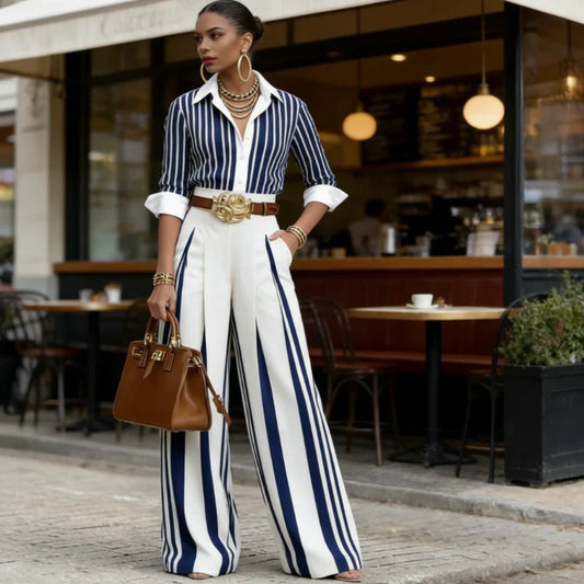 Women's Vertical Striped 2 Piece Outfit Button Down Shirt and Wide Leg Pants Set Casual Elegant Office Workwear Matching Set Blue Black S M L XL 2XL 3XL 4XL 5XL - Seldom Seen Styles