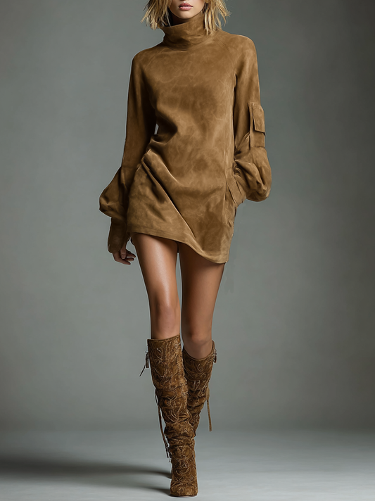 Women's Vintage Loose Suede Turtleneck Mini Dress MDA1693H3Y - Seldom Seen Styles