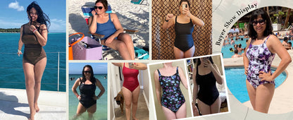 Women's Vintage Padded Push up One Piece Swimsuits Tummy Control Bathing Suits Plus Size Swimwear