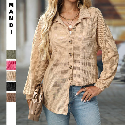 Women's Waffle Knit Button Down Shirts Casual Long Sleeve Shacket Jacket Boyfriend Tops Blouses Loose Fit - Seldom Seen Styles