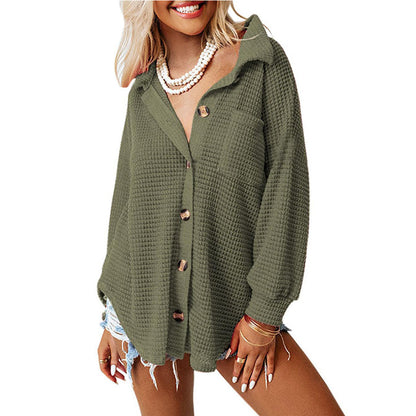 Chemises boutonnées en tricot gaufré pour femmes, veste décontractée à manches longues, hauts boyfriend, chemisiers coupe ample