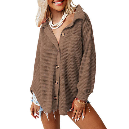 Chemises boutonnées en tricot gaufré pour femmes, veste décontractée à manches longues, hauts boyfriend, chemisiers coupe ample