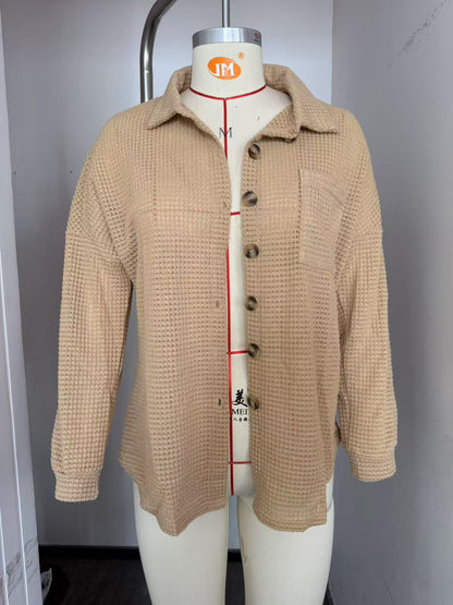 Chemises boutonnées en tricot gaufré pour femmes, veste décontractée à manches longues, hauts boyfriend, chemisiers coupe ample