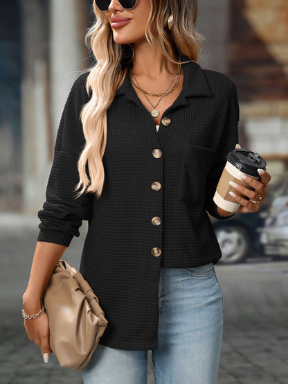 Chemises boutonnées en tricot gaufré pour femmes, veste décontractée à manches longues, hauts boyfriend, chemisiers coupe ample