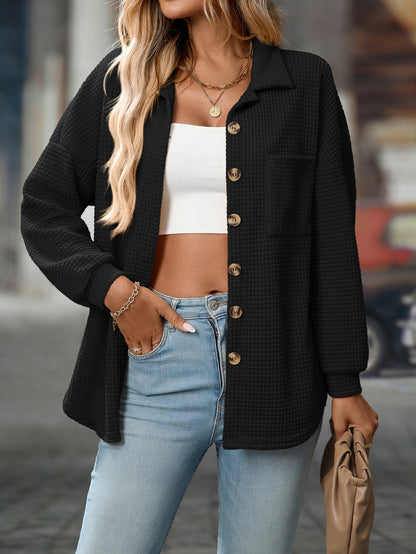 Chemises boutonnées en tricot gaufré pour femmes, veste décontractée à manches longues, hauts boyfriend, chemisiers coupe ample