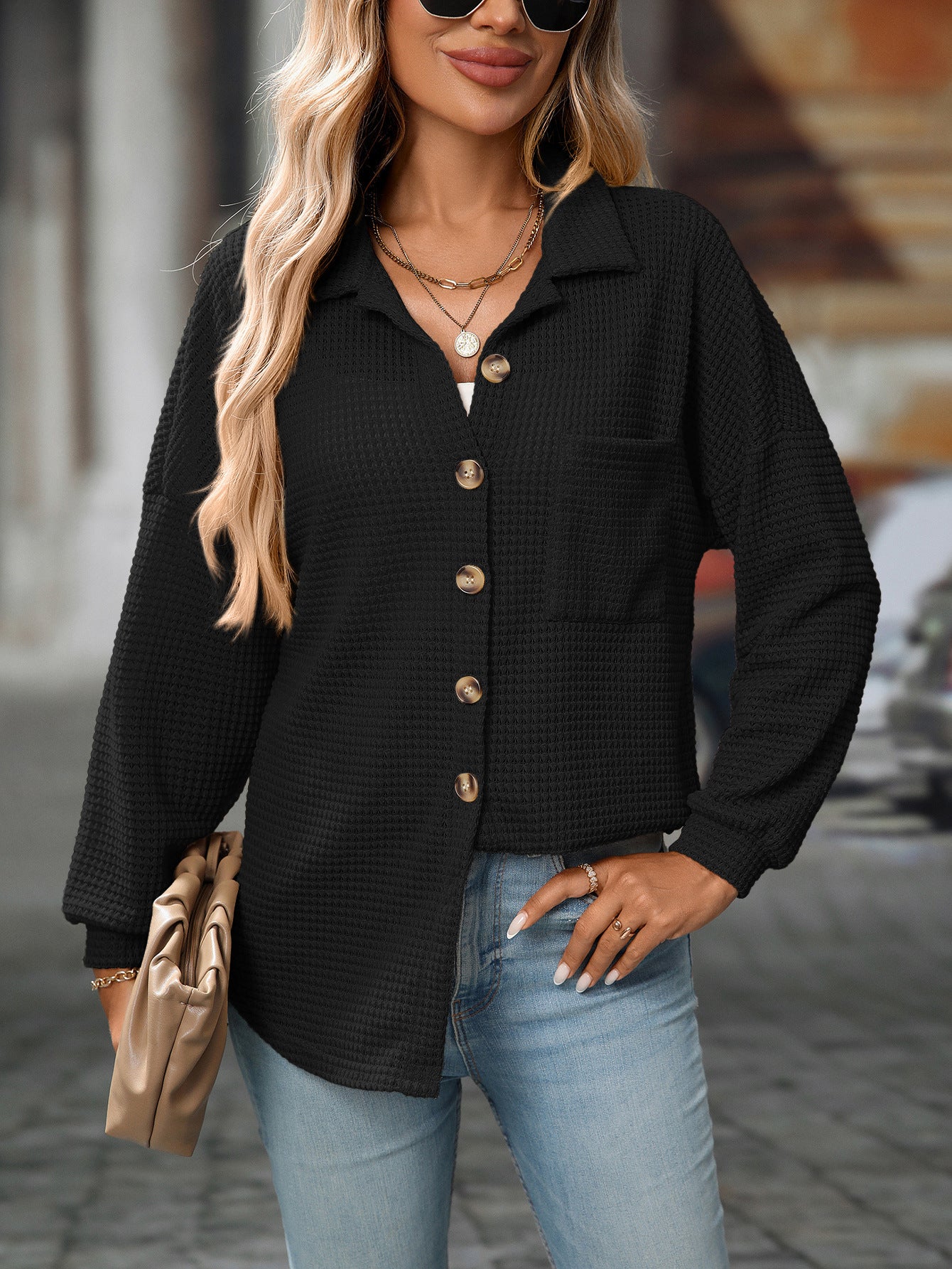 Women's Waffle Knit Button Down Shirts Casual Long Sleeve Shacket Jacket Boyfriend Tops Blouses Loose Fit - Seldom Seen Styles