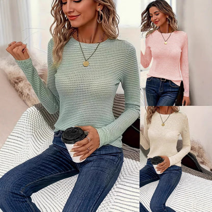 Women's Waffle Knit Long Sleeve Top Crew Neck Slim Fit Casual T-Shirt