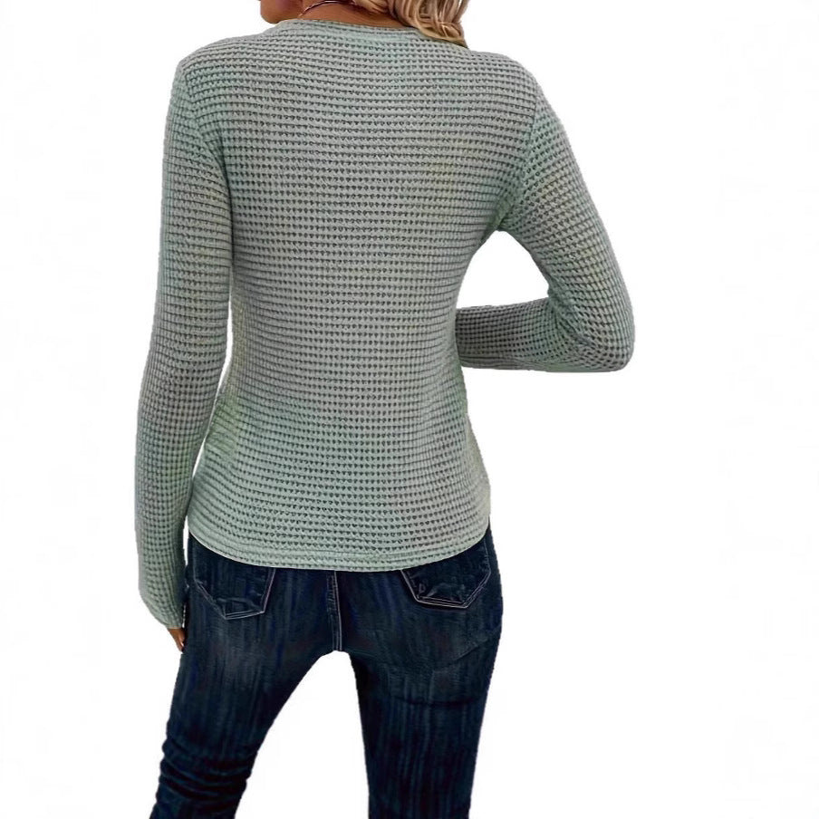 Women's Waffle Knit Long Sleeve Top Crew Neck Slim Fit Casual T-Shirt - Seldom Seen Styles