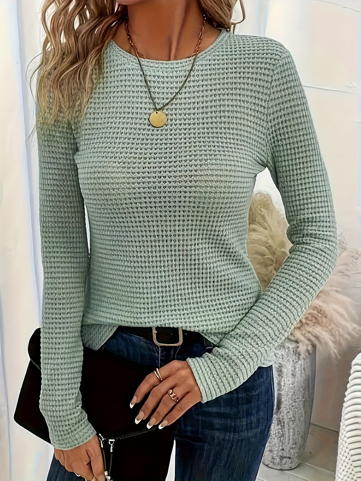 Women's Waffle Knit Long Sleeve Top Crew Neck Slim Fit Casual T-Shirt - Seldom Seen Styles