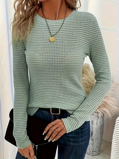 Women's Waffle Knit Long Sleeve Top Crew Neck Slim Fit Casual T-Shirt