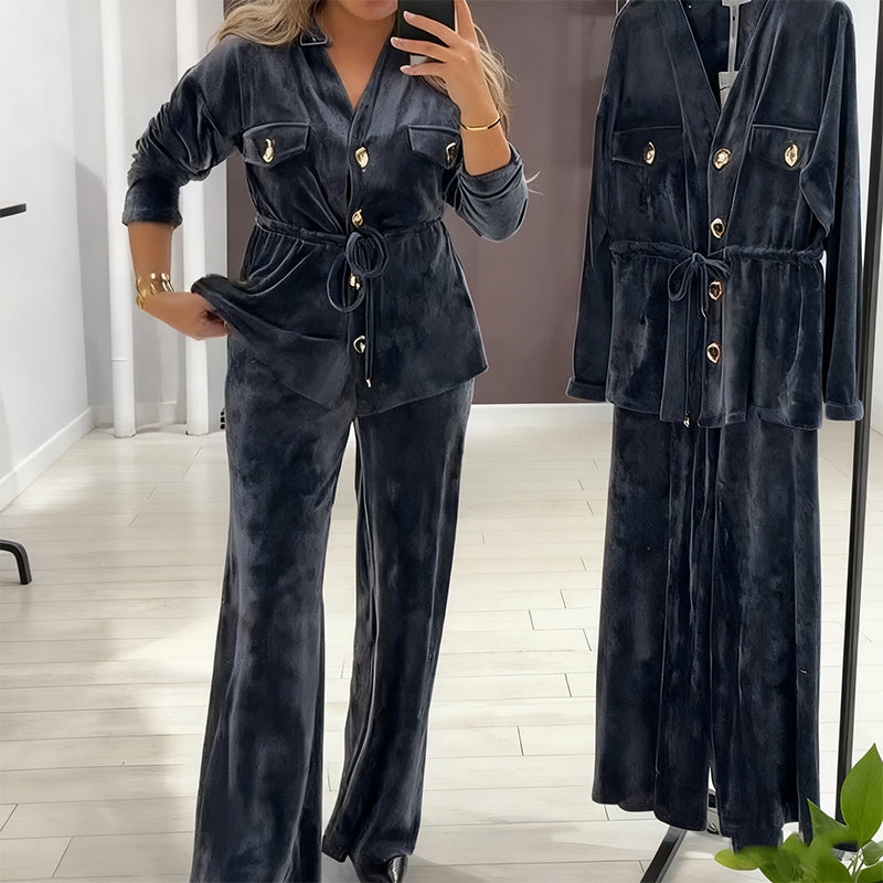 Women's Warm Button-Down Tops & Pants 2-Piece Set - Seldom Seen Styles