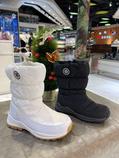 Warme Damen-Schneestiefel mit Fellfutter, Schwarz-Weiß, Weitschaft-Winterstiefel, Wasserabweisende Mid-Calf-Stiefel zum Wandern, Arbeiten, für Outdoor
