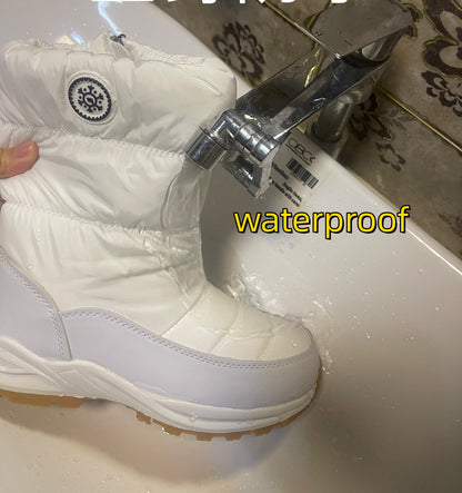 Warme Damen-Schneestiefel mit Fellfutter, Schwarz-Weiß, Weitschaft-Winterstiefel, Wasserabweisende Mid-Calf-Stiefel zum Wandern, Arbeiten, für Outdoor