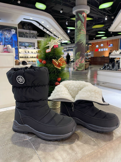 Warme Damen-Schneestiefel mit Fellfutter, Schwarz-Weiß, Weitschaft-Winterstiefel, Wasserabweisende Mid-Calf-Stiefel zum Wandern, Arbeiten, für Outdoor