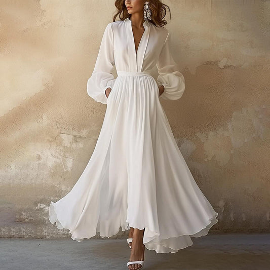 Women's Wedding Guest V Neck Long Sleeve Maxi Dress - Seldom Seen Styles