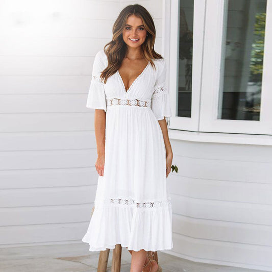 Women's White Boho Dress V Neck Half Sleeve Lace Empire Waist Mid-Calf Beach Vacation Dress - Seldom Seen Styles