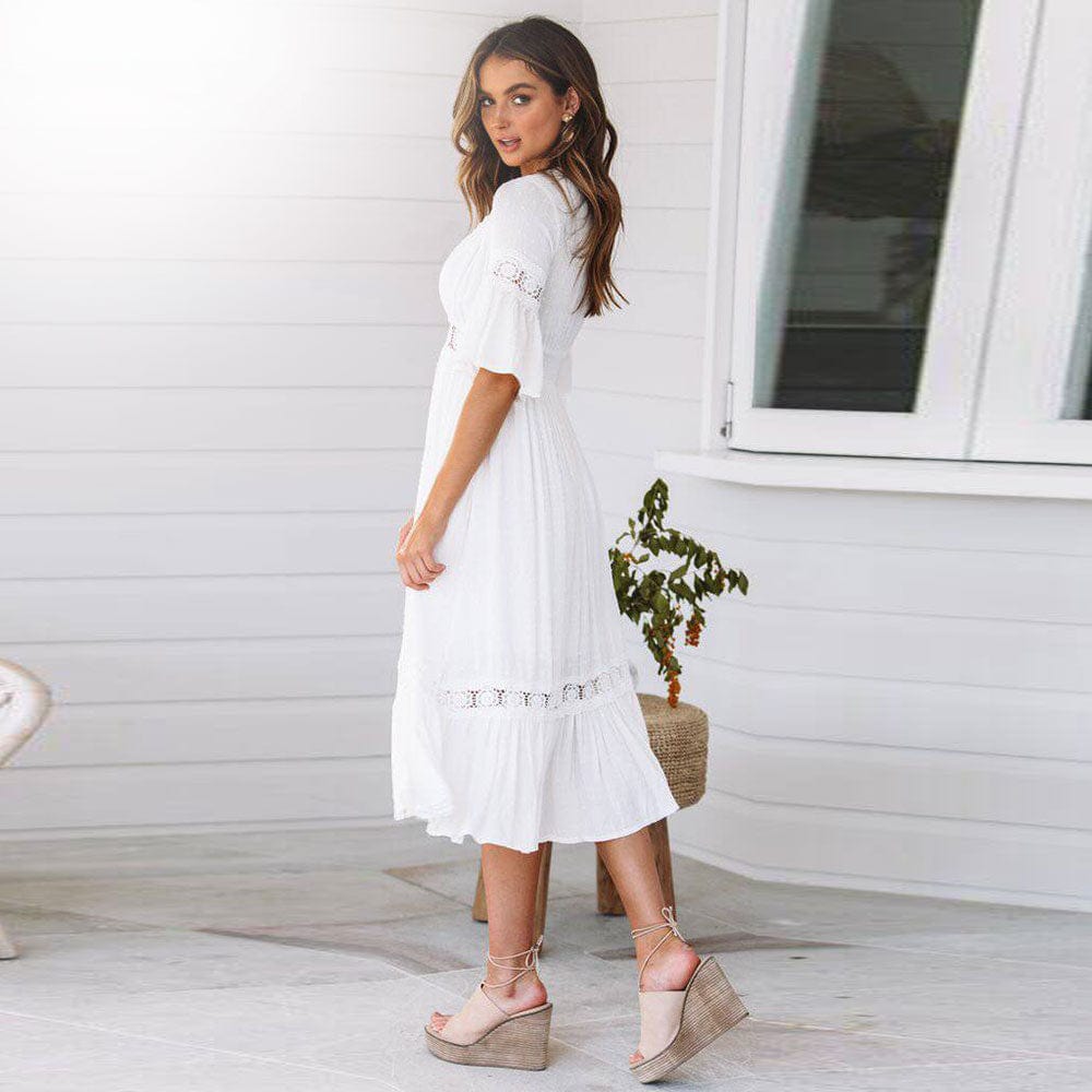 Women's White Boho Dress V Neck Half Sleeve Lace Empire Waist Mid-Calf Beach Vacation Dress - Seldom Seen Styles