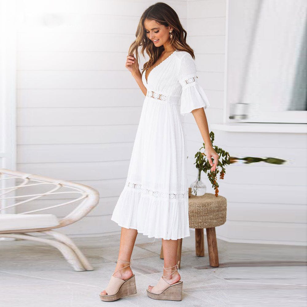 Women's White Boho Dress V Neck Half Sleeve Lace Empire Waist Mid-Calf Beach Vacation Dress - Seldom Seen Styles