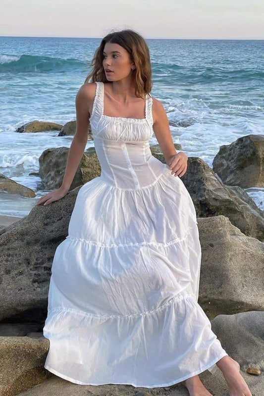 Women's White Corset Maxi Dress Ruffle Cottagecore Summer Dress - Seldom Seen Styles