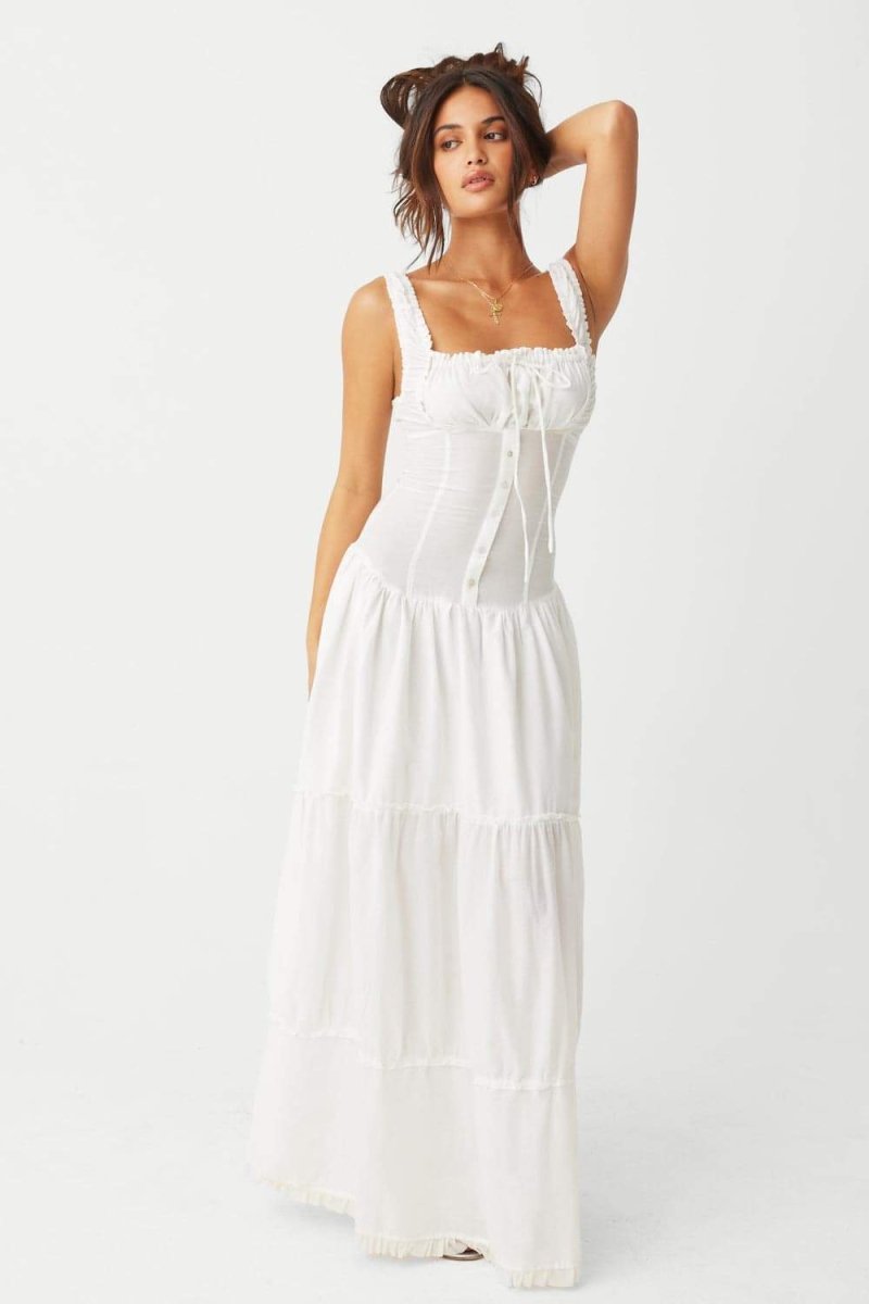 Women's White Corset Maxi Dress Ruffle Cottagecore Summer Dress - Seldom Seen Styles