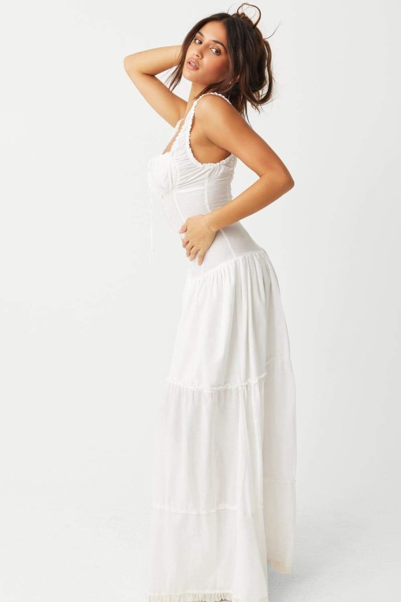 Women's White Corset Maxi Dress Ruffle Cottagecore Summer Dress - Seldom Seen Styles