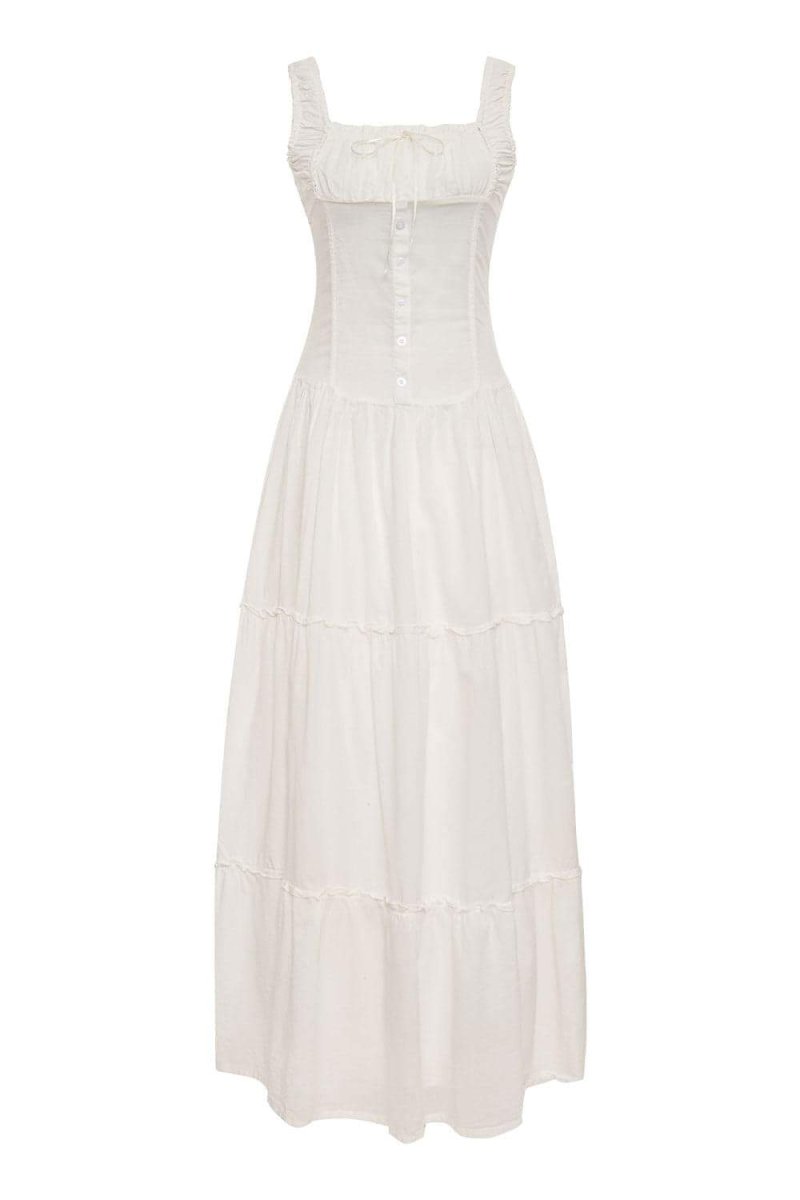 Women's White Corset Maxi Dress Ruffle Cottagecore Summer Dress - Seldom Seen Styles