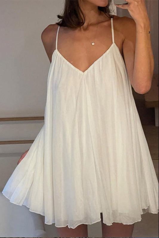 Women's White Flowy Mini Dress Spaghetti Strap Swing Sundress - Seldom Seen Styles