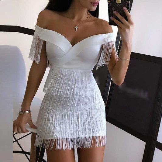 Women's White Fringe Mini Dress Off Shoulder Tassel Party Dress - Seldom Seen Styles