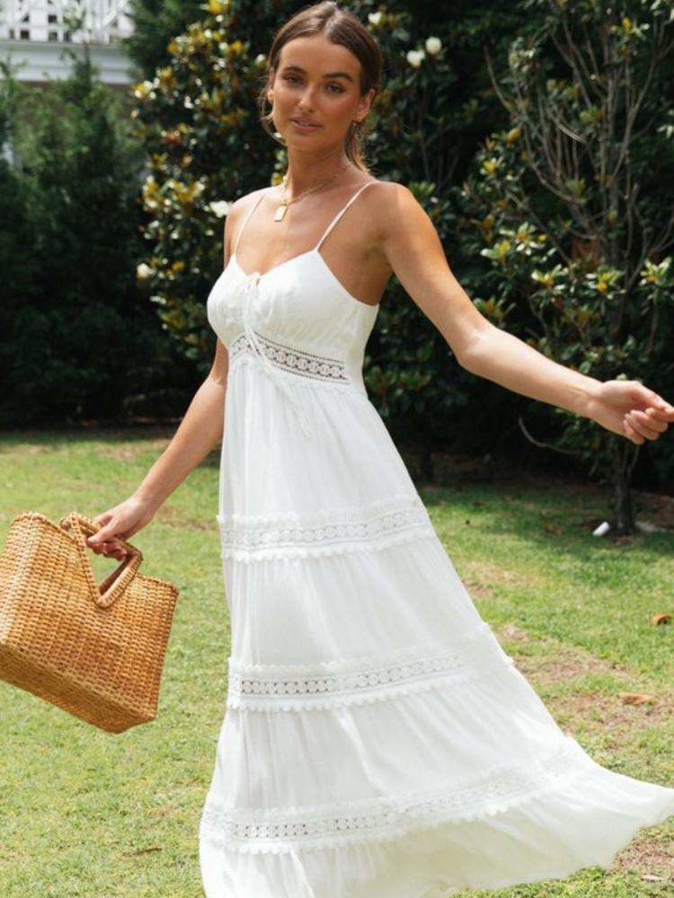 Women's White Lace Trim Maxi Dress Boho Summer Sundress - Seldom Seen Styles
