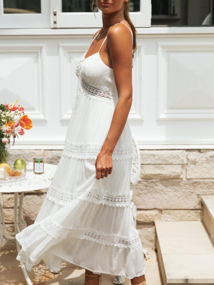 Women's White Lace Trim Maxi Dress Boho Summer Sundress - Seldom Seen Styles