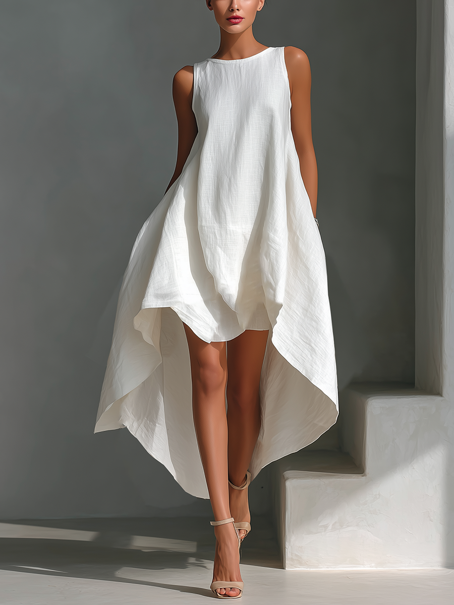 Women's White Linen Fabric Sleeveless Midi Dress With Round Neck & Asymmetric Hem MDZ0987B9T - Seldom Seen Styles