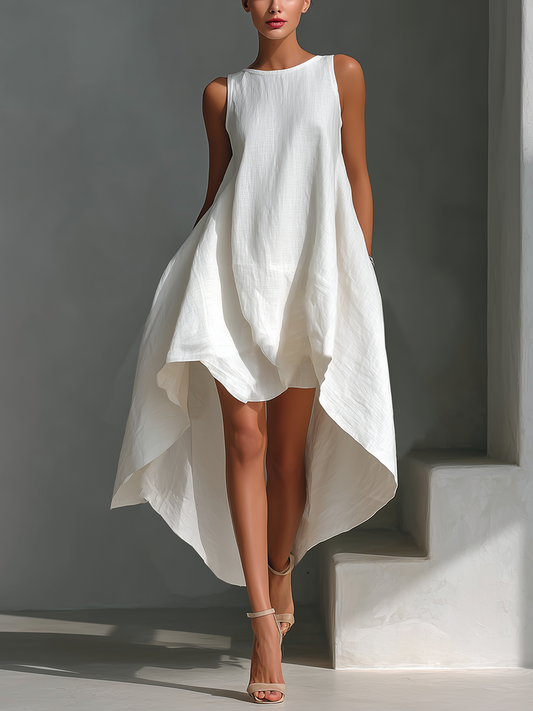 Women's White Linen Fabric Sleeveless Midi Dress With Round Neck & Asymmetric Hem MDZ0987B9T - Seldom Seen Styles