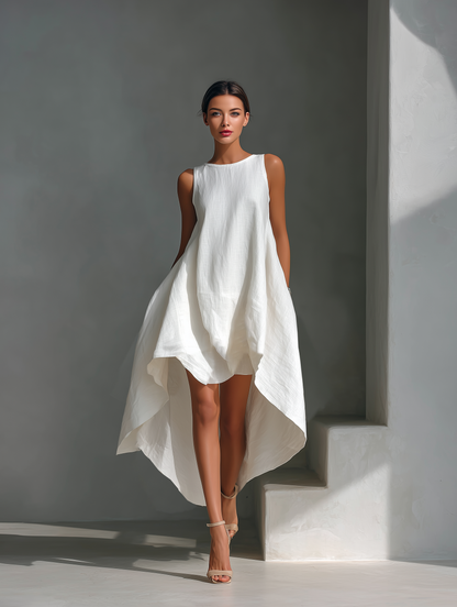 Damen weißes ärmelloses Midikleid aus Leinenstoff mit Rundhalsausschnitt und asymmetrischem Saum MDZ0987B9T