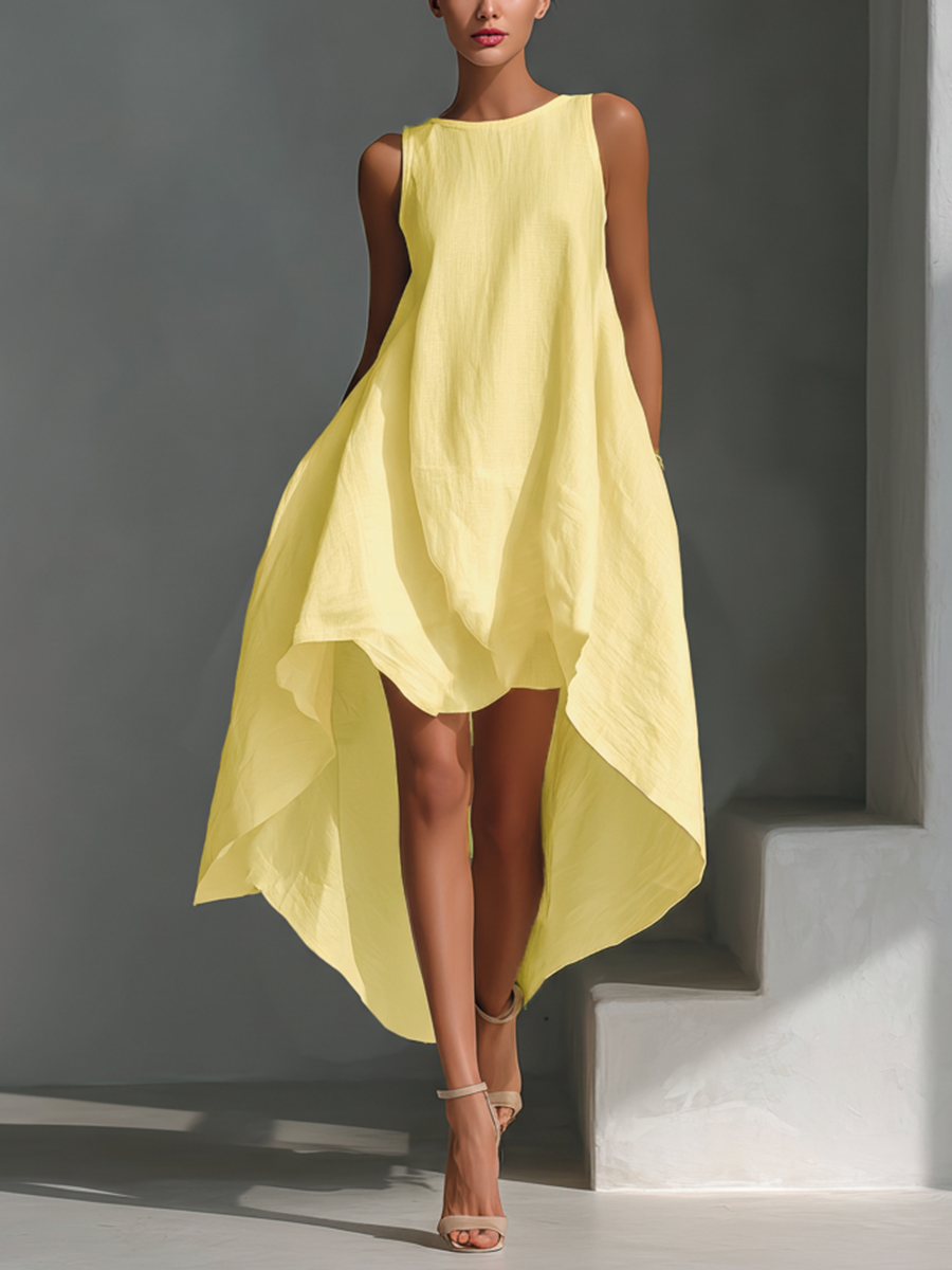 Women's White Linen Fabric Sleeveless Midi Dress With Round Neck & Asymmetric Hem MDZ0987B9T - Seldom Seen Styles