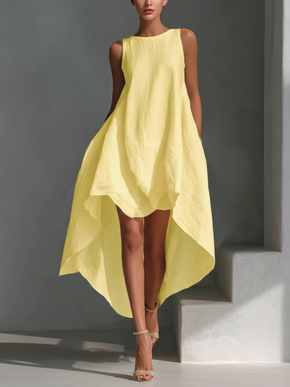 Damen weißes ärmelloses Midikleid aus Leinenstoff mit Rundhalsausschnitt und asymmetrischem Saum MDZ0987B9T