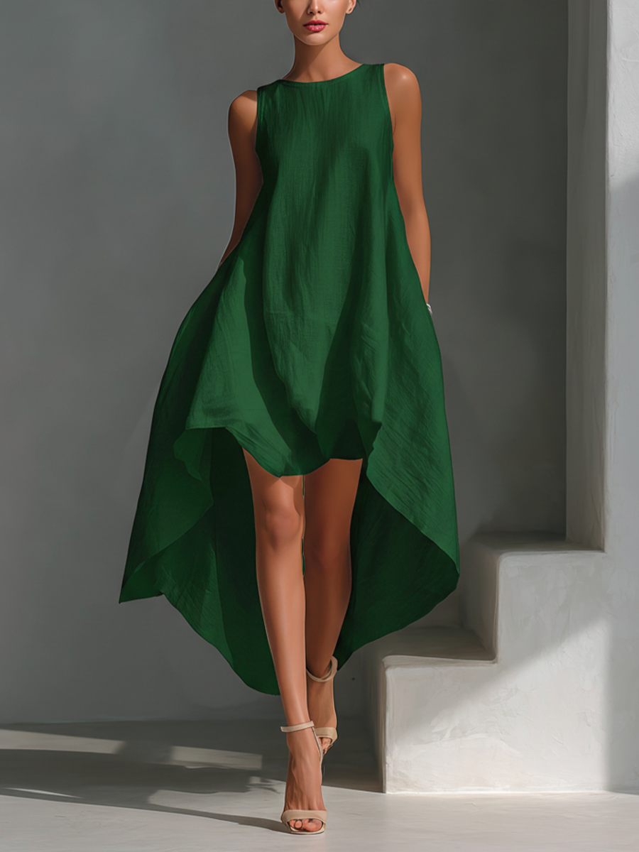 Women's White Linen Fabric Sleeveless Midi Dress With Round Neck & Asymmetric Hem MDZ0987B9T - Seldom Seen Styles