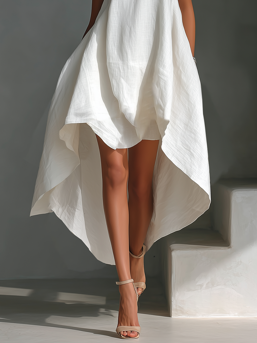 Women's White Linen Fabric Sleeveless Midi Dress With Round Neck & Asymmetric Hem MDZ0987B9T - Seldom Seen Styles