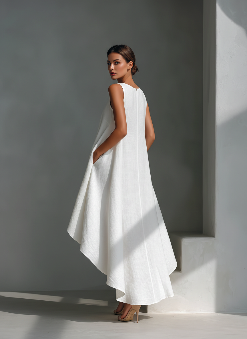 Women's White Linen Fabric Sleeveless Midi Dress With Round Neck & Asymmetric Hem MDZ0987B9T - Seldom Seen Styles