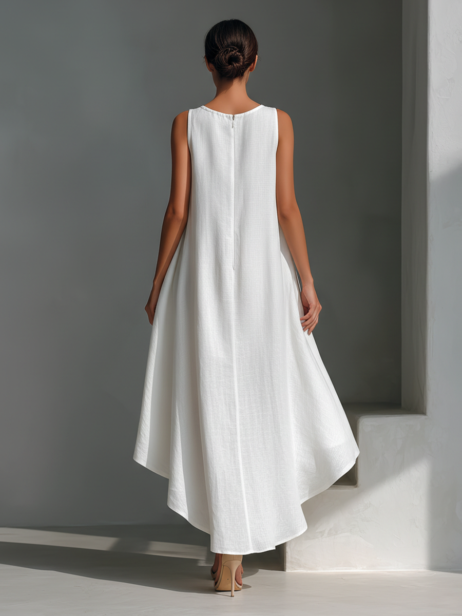 Women's White Linen Fabric Sleeveless Midi Dress With Round Neck & Asymmetric Hem MDZ0987B9T - Seldom Seen Styles