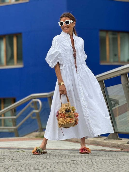 Women's White Maxi Dress Button Up Puff Sleeve Loose Fit Casual Summer Shirt Dress - Seldom Seen Styles
