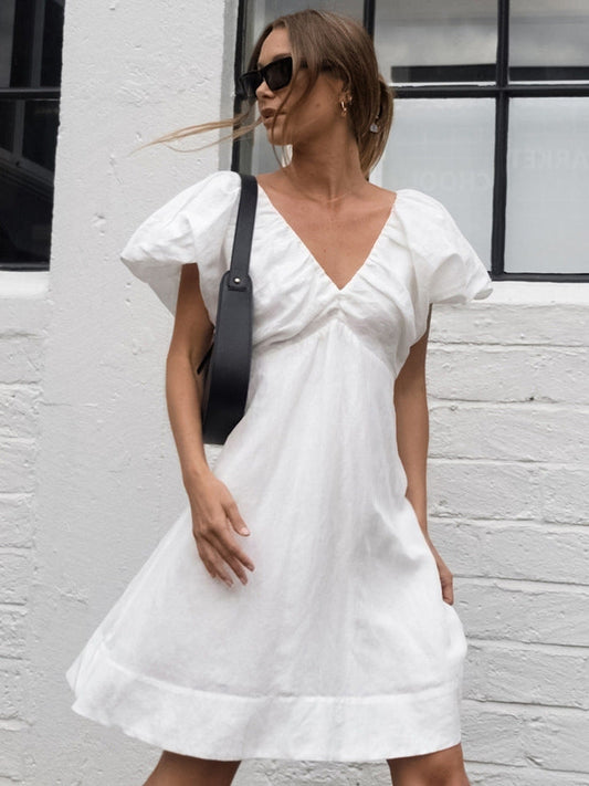 Women's White Puff Sleeve Mini Dress V Neck Casual Flowy Summer Sundress - Seldom Seen Styles