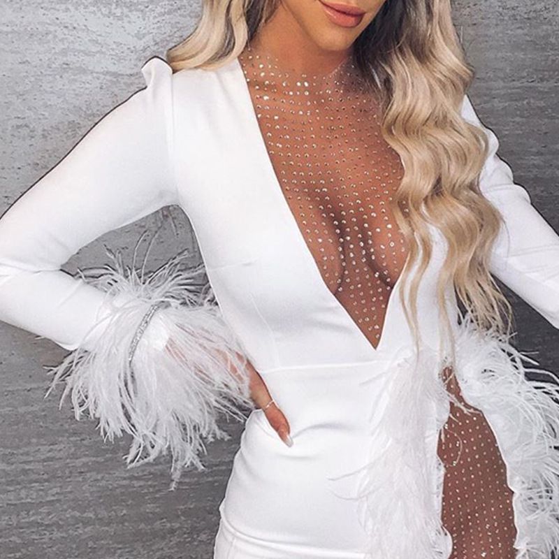 Women's White Sequin Evening Gown Sheer Mesh High Slit Maxi Dress - Seldom Seen Styles