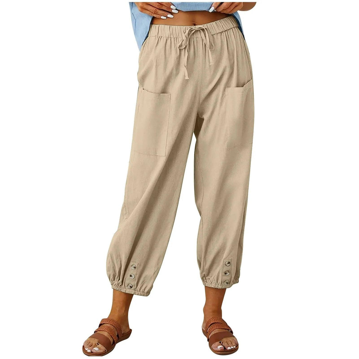 Women's Wide Leg Drawstring Capri Pants High Waist Elastic Casual Cotton Linen Summer Beach Vacation Pants | Boho Capri - Seldom Seen Styles