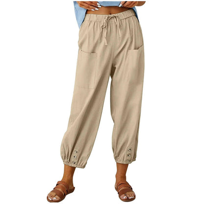 Women's Wide Leg Drawstring Capri Pants High Waist Elastic Casual Cotton Linen Summer Beach Vacation Pants | Boho Capri