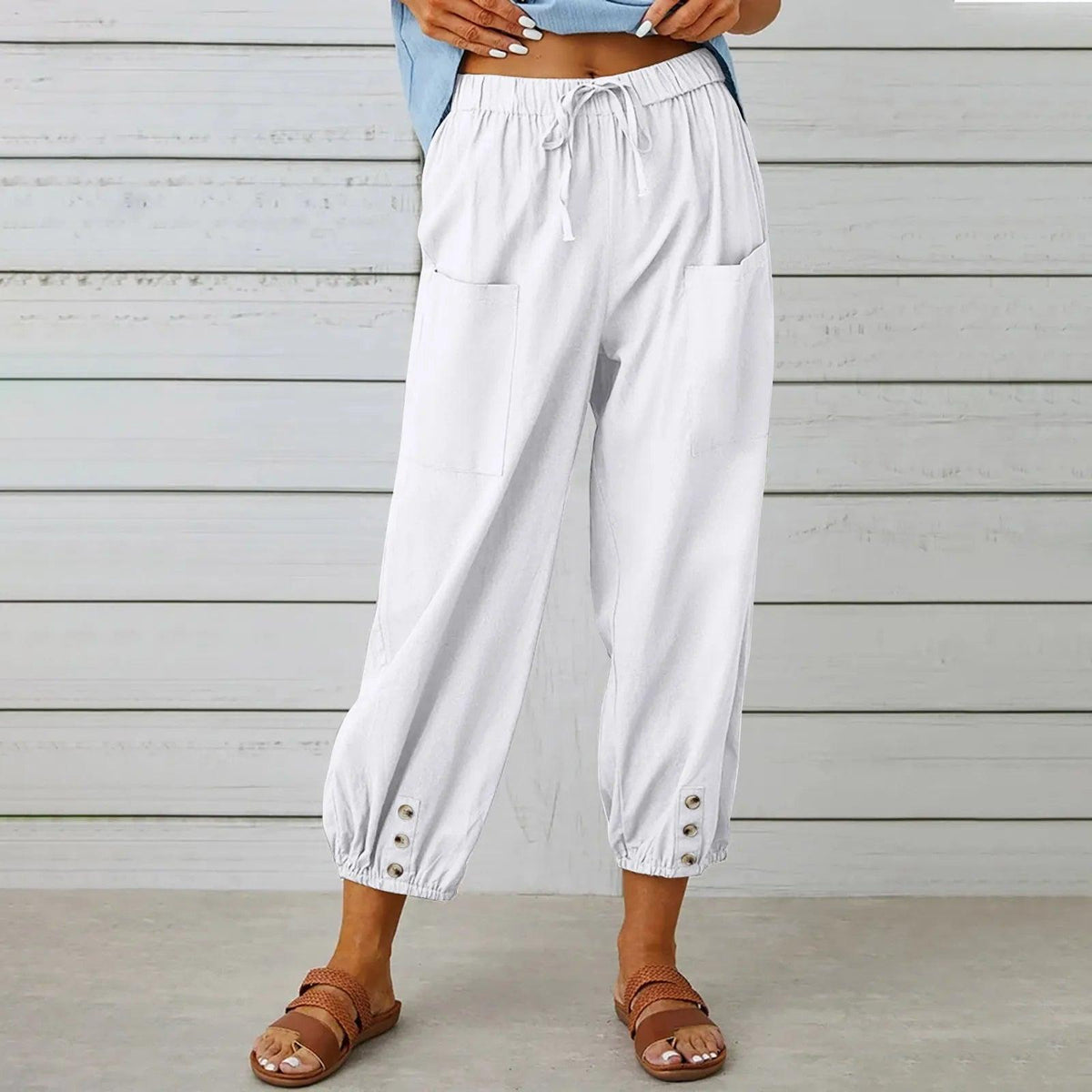 Women's Wide Leg Drawstring Capri Pants High Waist Elastic Casual Cotton Linen Summer Beach Vacation Pants | Boho Capri - Seldom Seen Styles